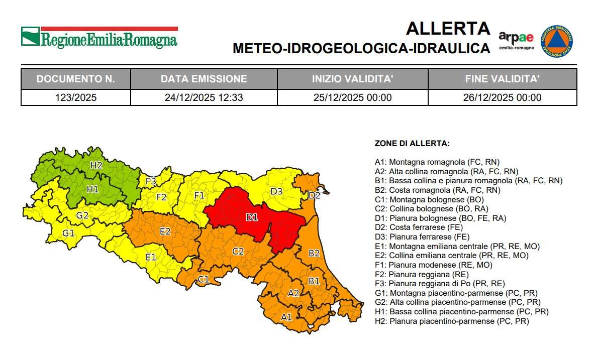 Allerta meteo, Natale in codice rosso per le province di Bologna, Ferrara e Ravenna