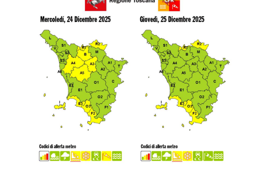 Allerta meteo, parte della Toscana in codice giallo anche per Natale