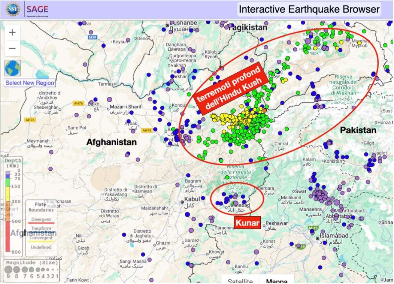 Nella mappa riportiamo ierremoti dell'Afghanistan di NE con M>4 degli ultimi 50 anni
