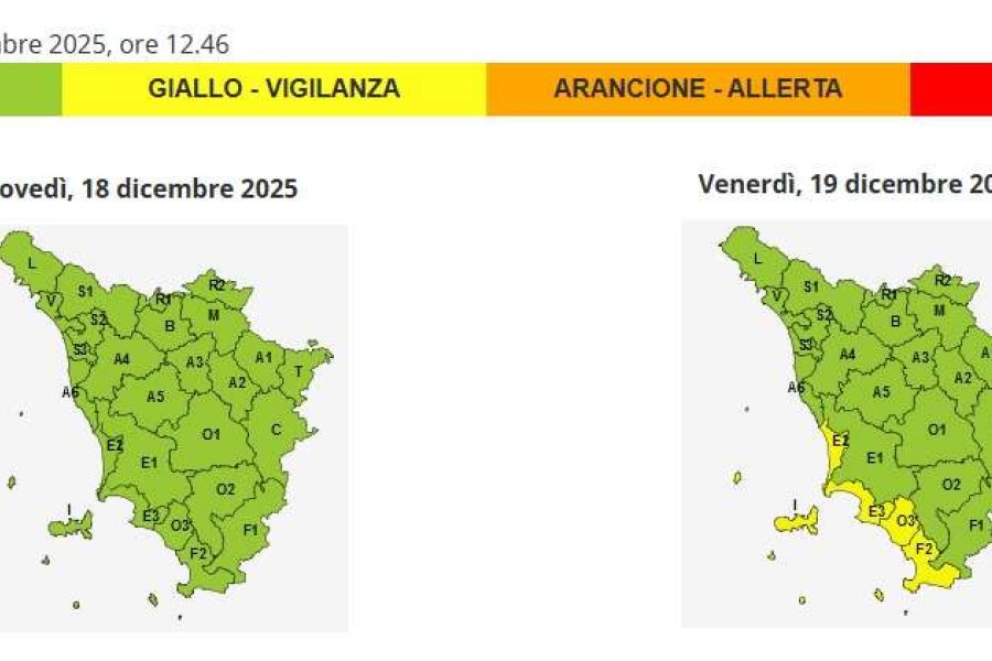 Costa sud e isole della Toscana tornano in allerta meteo, fino alle 20 di venerdì 19 dicembre
