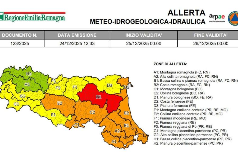 Allerta meteo, Natale in codice rosso per le province di Bologna, Ferrara e Ravenna